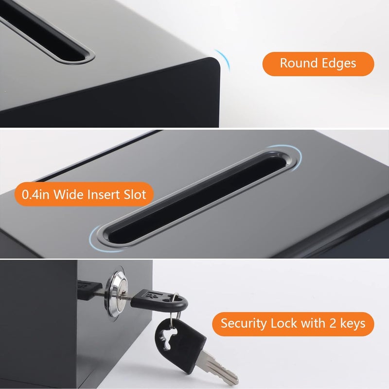 KYODOLED Black Donation Box for Fundraising, Suggestion Box with Lock and Key, Tip Jar for Tickets with Sign Holder, for Raffle, Event and Organization, 6.2"x4.6"x4", 2PACK (Sign Card Not Contain) - Image 4